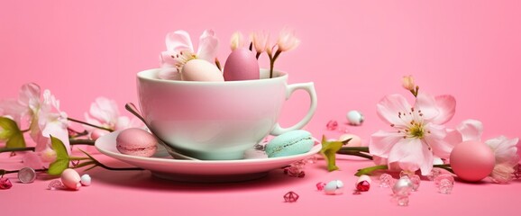Fototapeta na wymiar Easter egg and spring flowers in tea cup on bright pink background