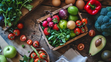 Fresh, colorful fruits, vegetables, and whole grains on a wooden table, symbolizing healthy eating habits, balanced diet, and nutritional wellness. - obrazy, fototapety, plakaty