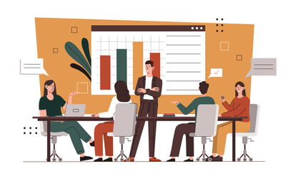 Office staff increase concept. Team of men and women at workplace look at graphs and diagrams. Brainstorming and efficient workflow. Cartoon flat vector illustration isolated on white background