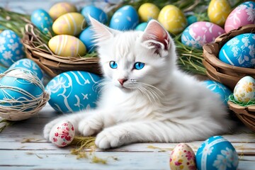 A charming image of a beautiful white kitten with mesmerizing blue eyes, surrounded by decorated...