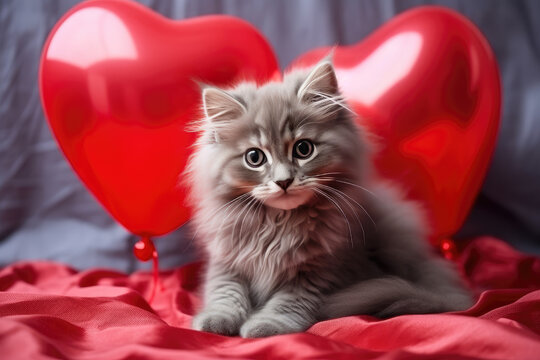A red knitted heart in the paws of a cat. A postcard with a gray and black fluffy cat for Valentine's Day. Festive background with a cat. copy space