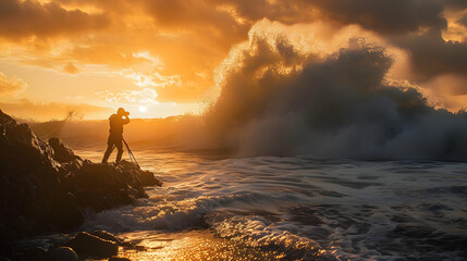 Une belle image d'un photographe capturant une vague se brisant dans la mer au coucher du soleil, Intelligence Artificielle Générative - obrazy, fototapety, plakaty
