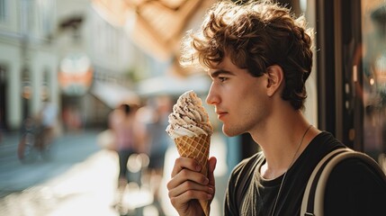 A handsome young american model man holding and eating a gelato ice cream in a cone outside in a city on a sunny summer day. Blurred background. - Powered by Adobe