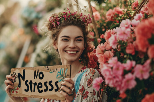 No stress concept image with a relax hippie woman in middle of beautiful nature holding a sign with written words No stress