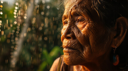 Documentary Photography, Face close-up Wrinkles on the rain-soaked face of a savage, an indigenous tribe in the rain-soaked Amazon forest. - obrazy, fototapety, plakaty