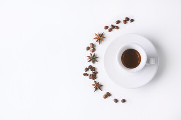 white coffee cup and beans on white background, Cup of espresso.Top view