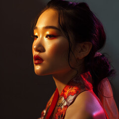 The image is stylish and chic. Stunning Asian woman with flawless makeup and stylish clothes poses for headshot in profile view. Her attractive face shone with softness. - obrazy, fototapety, plakaty
