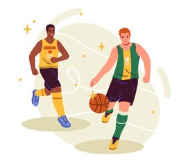 People play basketball. Two man with orange rubber ball. Active lifestyle and team sports. Basketballers at tournament or competition. Cartoon flat vector illustration isolated on white background