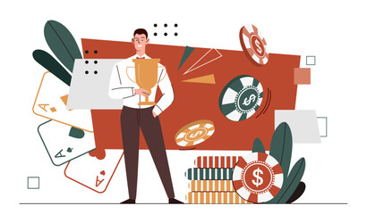 Poker player with chips concept. Gambling and games for luck. Man with cards and trophy. Young guy with prize and money. Cartoon flat vector illustration isolated on white background