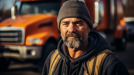 Fototapeta na wymiar Portrait of a middle-aged truck driver standing next to his truck