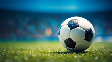 Soccer Ball on Grass Field with Stadium Lights