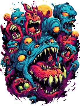T-shirt design featuring cartoon monsters with funny and scary expressions, transparent background