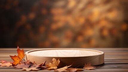 Naklejka na ściany i meble Empty wooden table for product display, bokeh autumn ambiance background