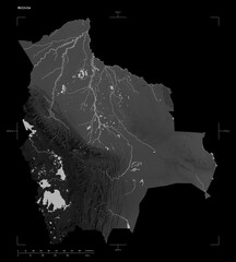 Bolivia shape isolated on black. Grayscale elevation map