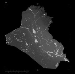 Iraq shape isolated on black. Grayscale elevation map