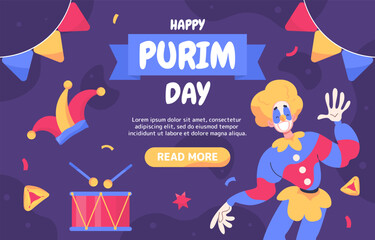Happy purim day banner. Clown near drums with sticks and colorful flags. Traditional international holiday and festival 23 March. Landing page design. Cartoon flat vector illustration