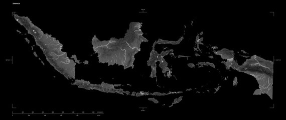 Indonesia shape isolated on black. Grayscale elevation map