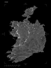 Ireland shape isolated on black. Grayscale elevation map