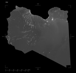 Libya shape isolated on black. Grayscale elevation map © zelwanka
