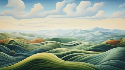 Stylized Rolling Hills Landscape Painting with Clouds