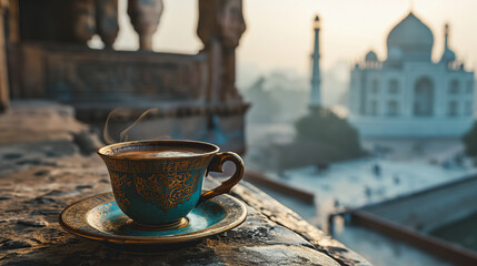 A serene image capturing the Arabic culture with a cup of coffee in focus and a distant mosque adding to the tranquility. Ai generated