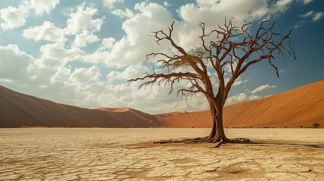 An evocative image capturing the harsh beauty of a solitary dried tree standing resilient in the midst of a scorching desert landscape. Ai generated