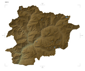 Andorra shape isolated on white. Physical elevation map