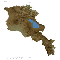Armenia shape isolated on white. Physical elevation map
