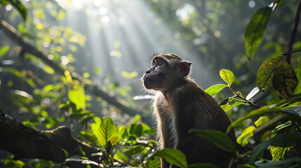 Immerse yourself in the untamed beauty of a jungle as a wild monkey roams freely a captivating glimpse into the heart of its natural home. Ai generated