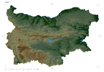 Bulgaria shape isolated on white. Physical elevation map
