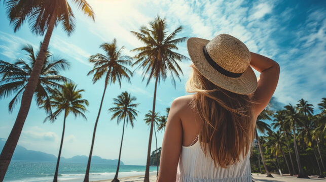 A girl surrounded by palm trees. On an island on vacation