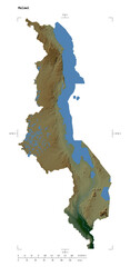 Malawi shape isolated on white. Physical elevation map