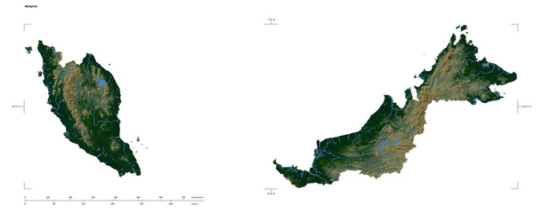 Malaysia shape isolated on white. Physical elevation map