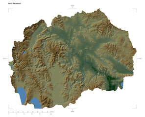 North Macedonia shape isolated on white. Physical elevation map
