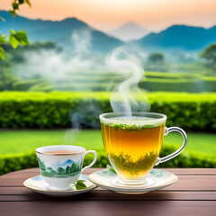 A cup of green tea with steam on a saucer