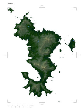 Mayotte shape isolated on white. Physical elevation map
