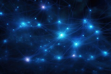 Naklejka na ściany i meble Blue light web neural network scene with bright lights, image made with generative ai technology.