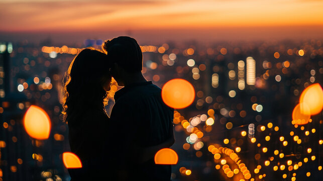 A breathtaking shot of a couple's silhouette against a city skyline illuminated with Valentine's Day lights, portraying the idea of love in a bustling urban setting. 