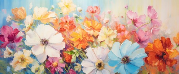 Fragment of an oil painting. Drawn bright multi-colored flowers