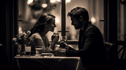 Amidst a candlelit dinner for two, a couple celebrates Valentine's Day in an intimate setting. 