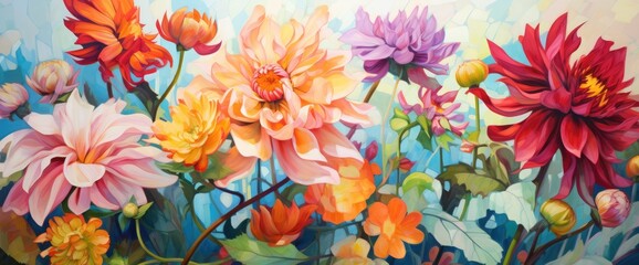 Fragment of an oil painting. Drawn bright multi-colored flowers