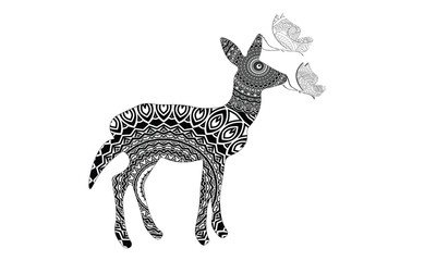 Floral adult coloring book page. Fairy tale deer. Ethereal animal consisting of flowers, leaves and butterflies.