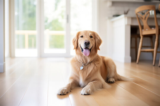Golden retriever dog sitting on the floor of a house interior