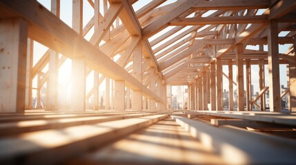 Wooden Framework of New Construction at Sunset