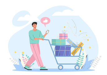 Shopping event concept. Man with shopping cart with gift boxes. Present and surprise. Special offer for clients and customers. Electronic commerce and marketing. Cartoon flat vector illustration