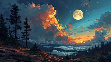 Big Moon Stars Cloudy Night, Background Banner HD