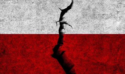 Poland flag on cracked wall background. Poland crisis, political division, conflicts concept - obrazy, fototapety, plakaty