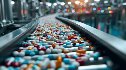 A modern pharmaceutical industry factory with a high-tech conveyor system efficiently processing and packaging various pills and drugs in a sterile environment. - obrazy, fototapety, plakaty