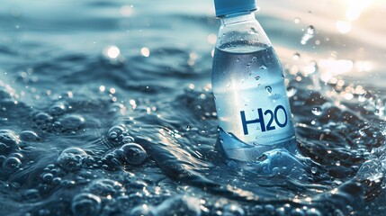 A clear, reusable water bottle filled with fresh water, labeled with the chemical formula H2O to represent a hydration concept, emphasizing the importance of drinking water for health. - obrazy, fototapety, plakaty