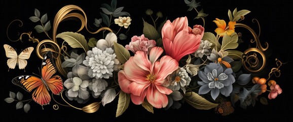 Luxurious baroque bouquet. Beautiful garden flowers, leaves and butterfly on black background